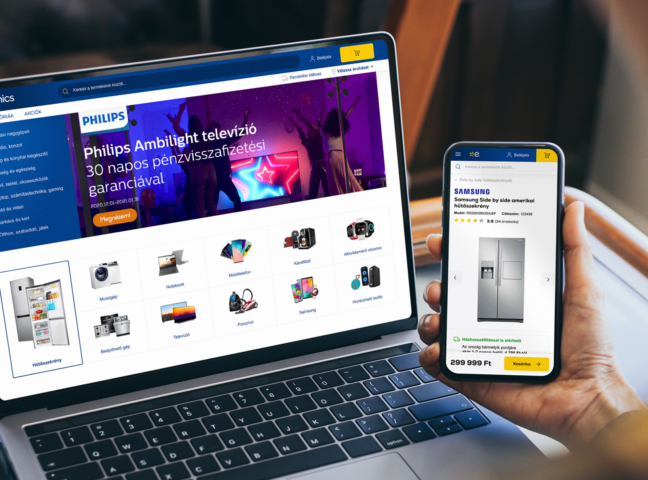 Browsing Euronics website on a laptop and viewing a product listing on a smartphone.