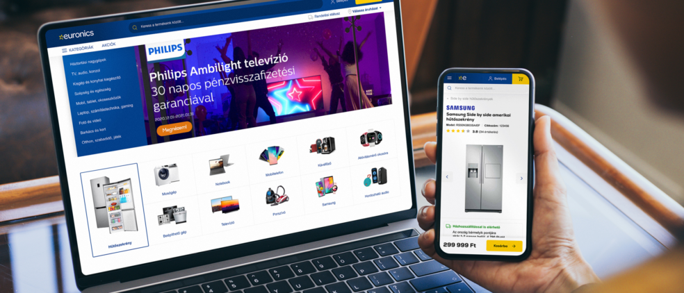 Browsing Euronics website on a laptop and viewing a product listing on a smartphone.