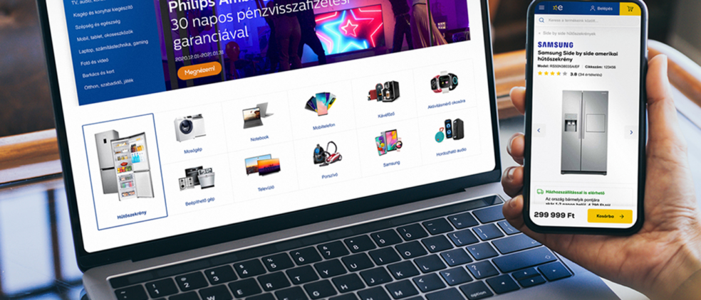Browsing Euronics website on a laptop and viewing a product listing on a smartphone.
