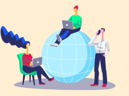 People using laptops and a phone around a globe, symbolizing global digital connection.