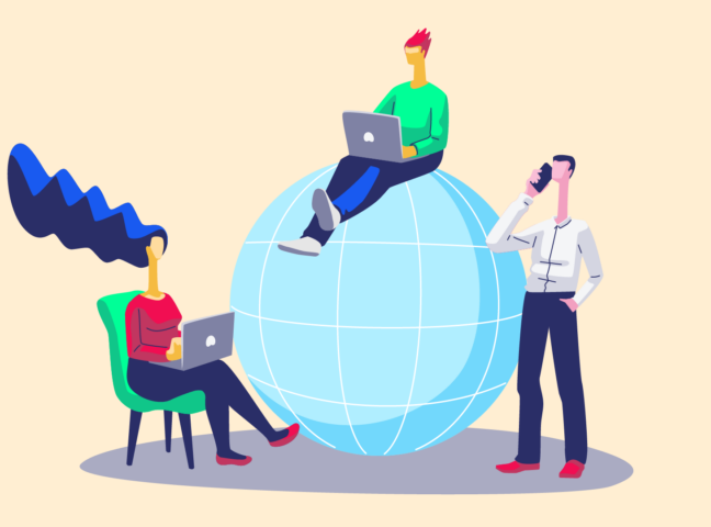People using laptops and a phone around a globe, symbolizing global digital connection.