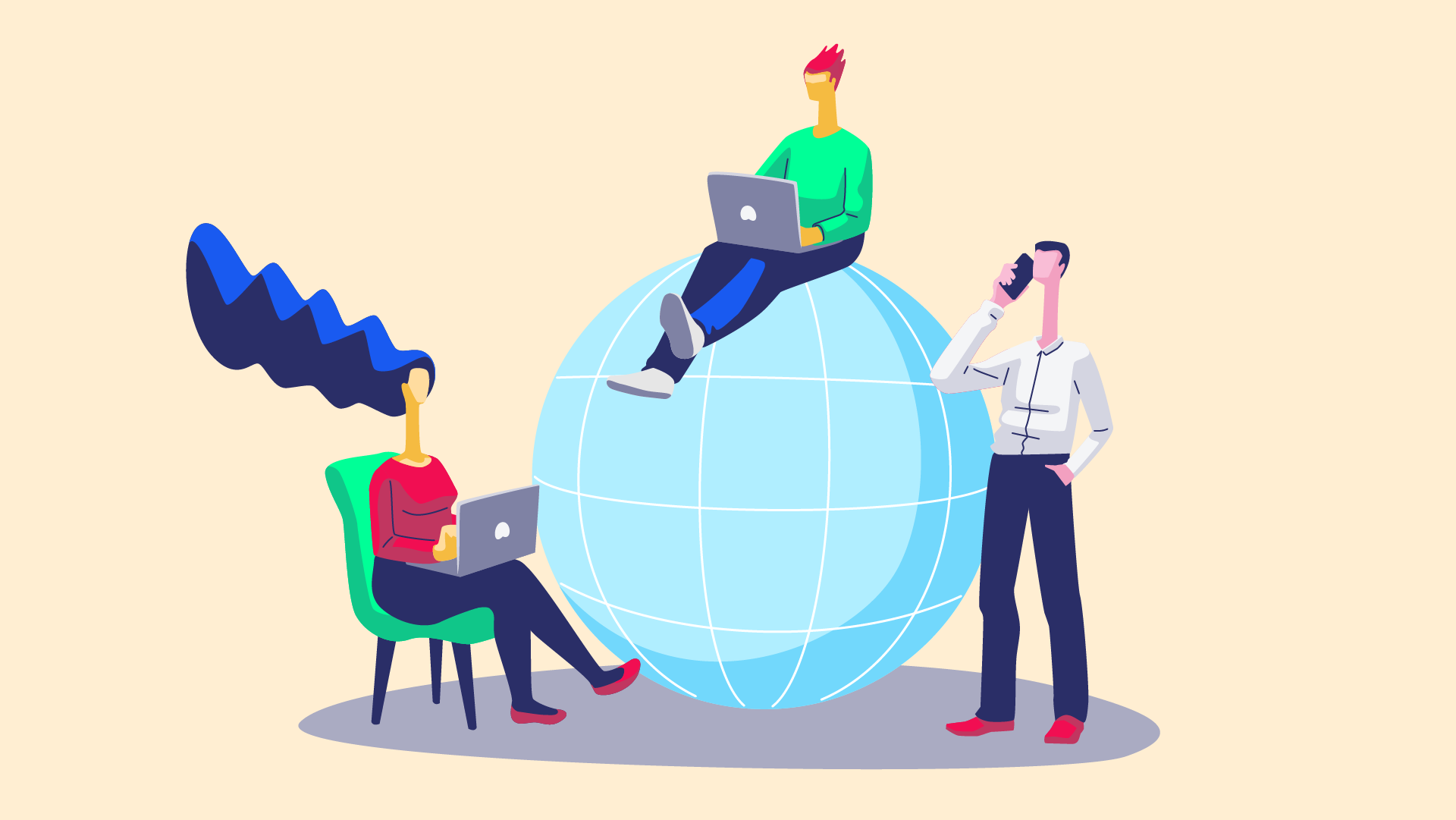People using laptops and a phone around a globe, symbolizing global digital connection.