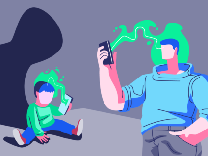 Child and adult using smartphones, green digital waves showing influence and screen addiction.